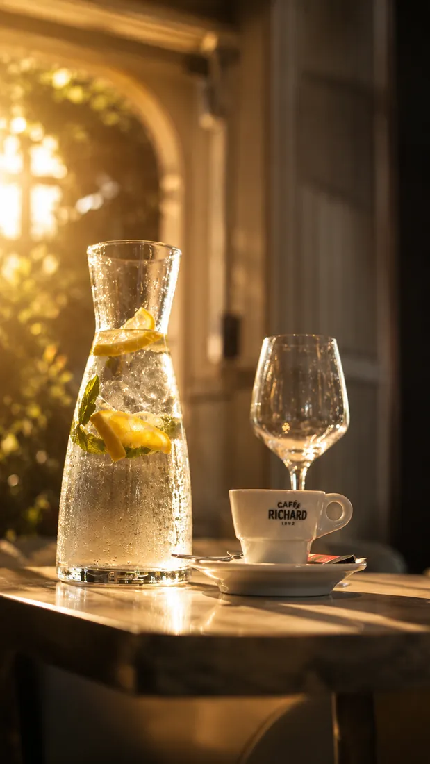 Carafe d'eau citronnée, verre et tasse de café
