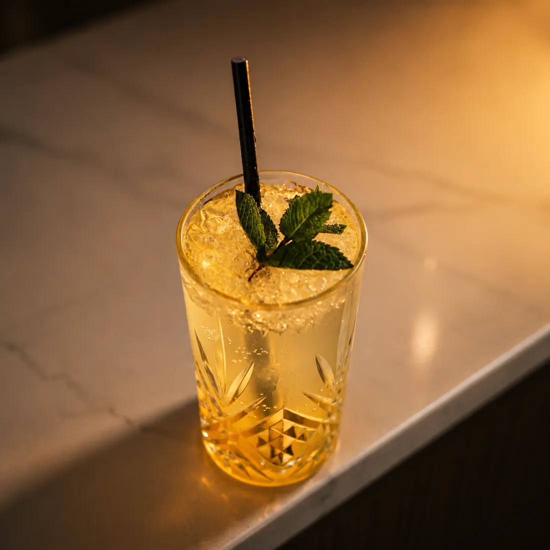 Cocktail citron et menthe sur un comptoir en marbre