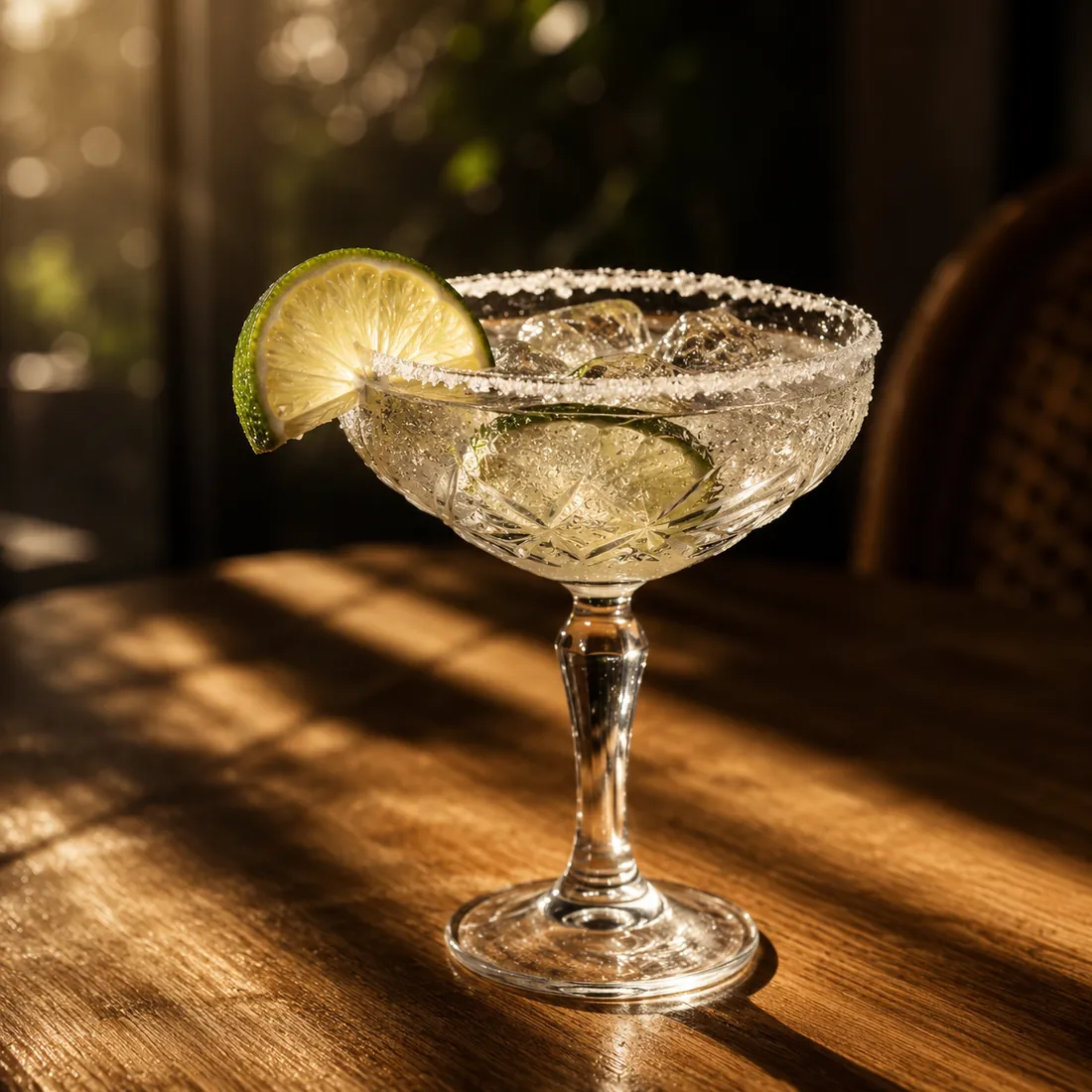 Cocktail en coupe au bord givré et rondelle de citron vert