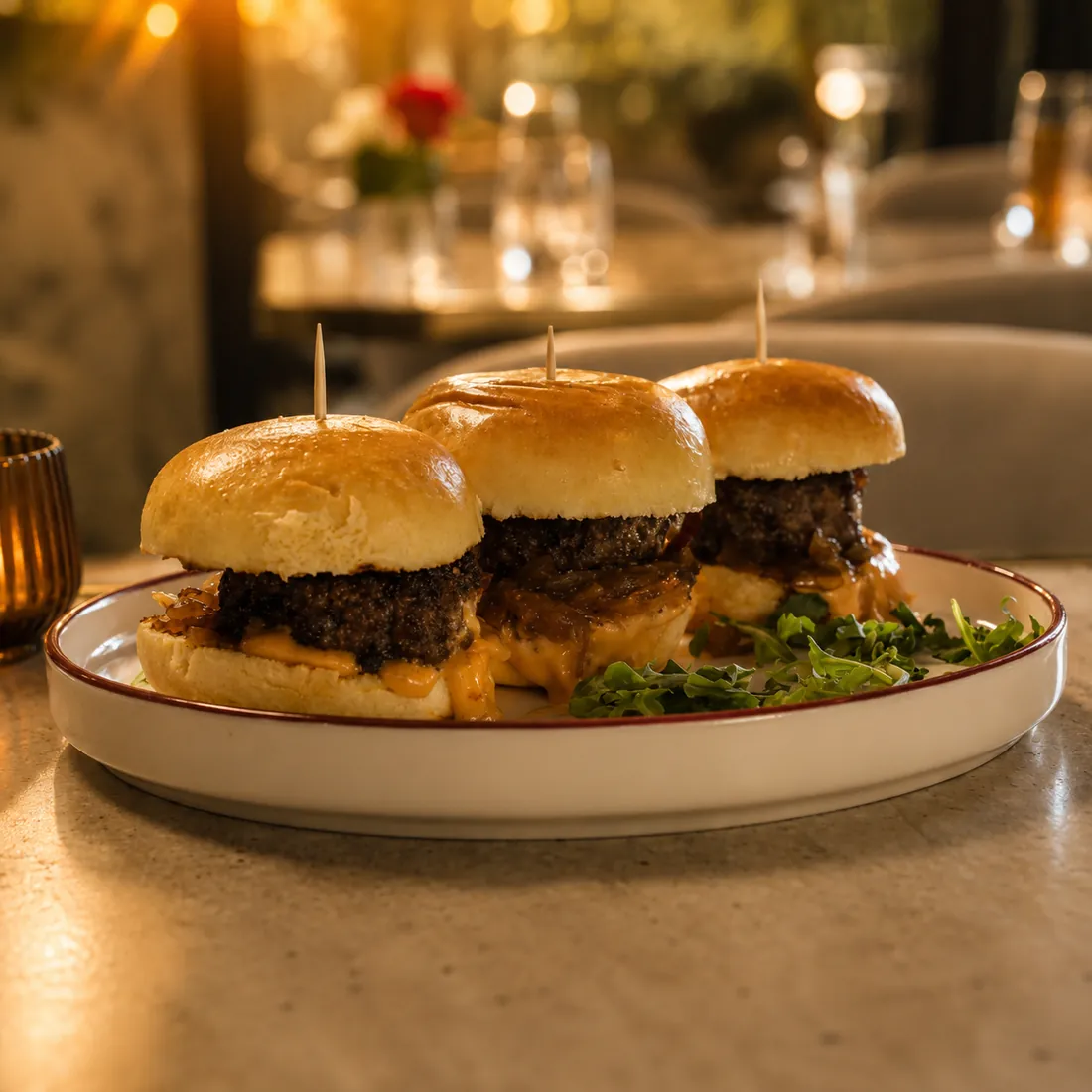 Trois mini burgers briochés servis sur une assiette