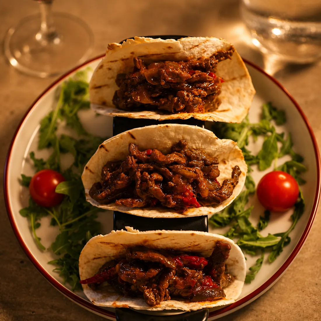 Trois tacos de bœuf mariné sur un lit de roquette et tomates cerise