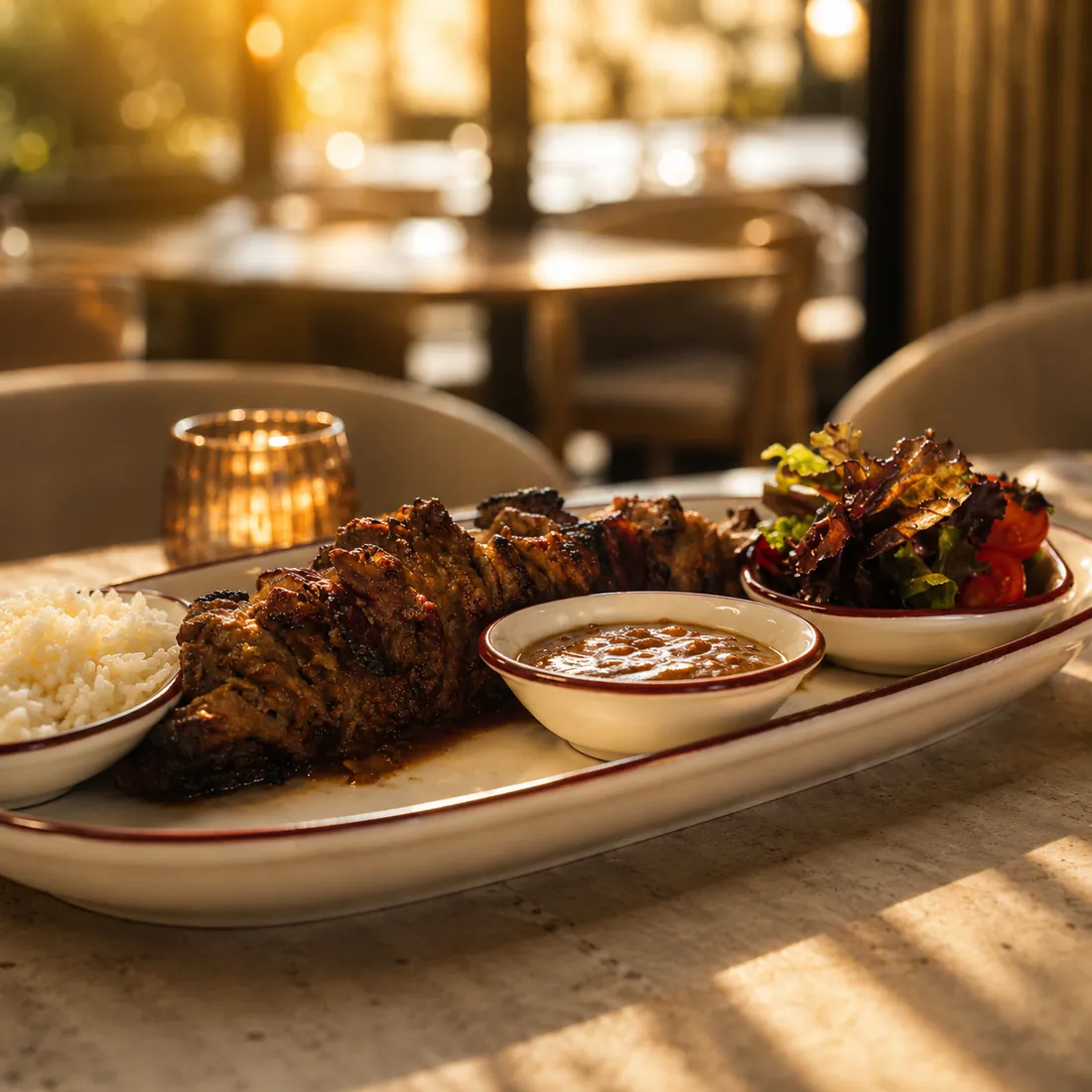 Grillade servie sur plat avec riz, sauce et salade