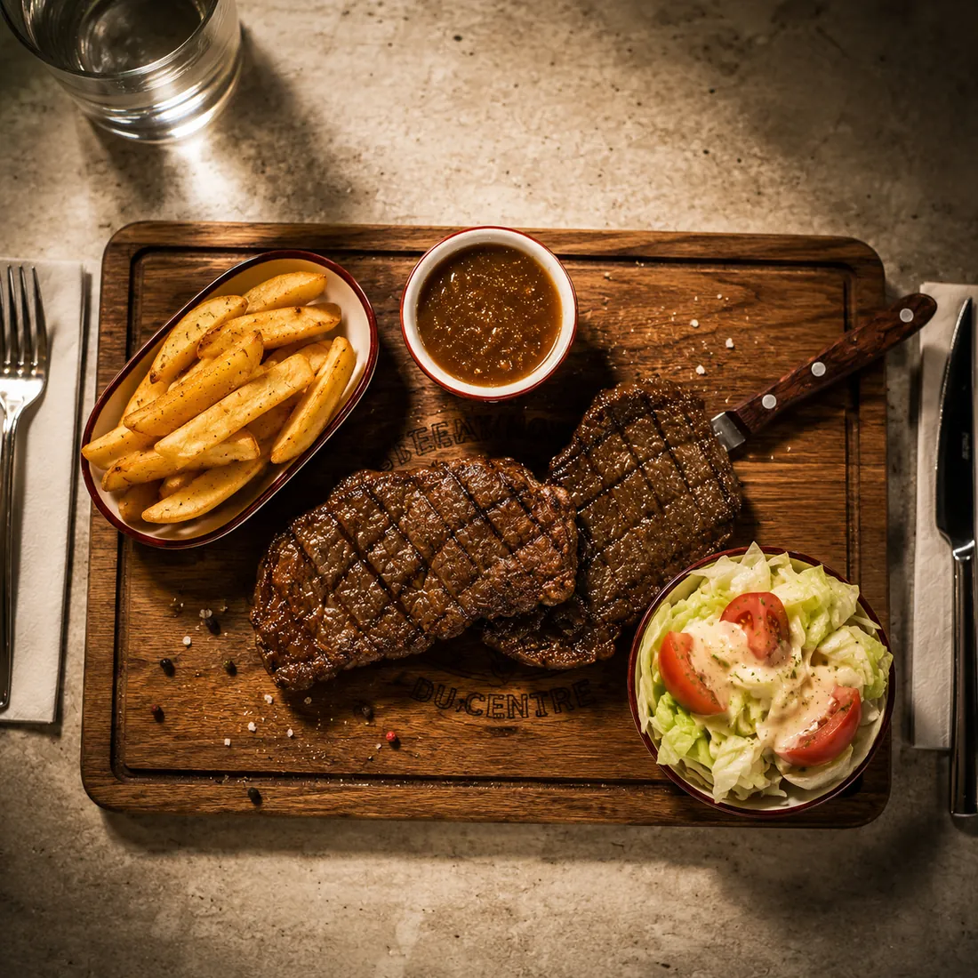 Steaks grillés sur planche avec frites, sauce et salade